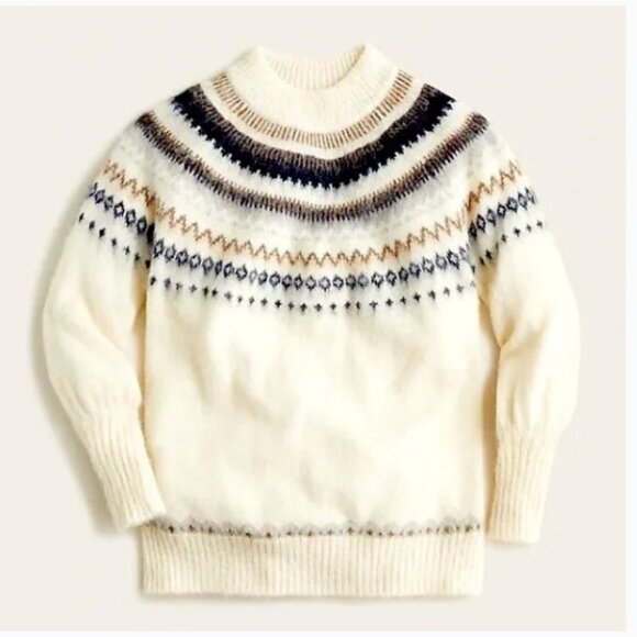J.CREW Brand Fair Isle Yoke Puff-Sleeve Sweater Warm Ivory Navy - Picture 1 of 5